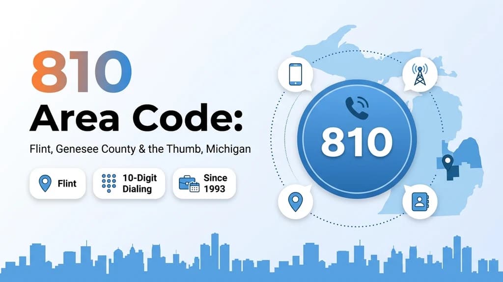 Blue banner showing a central phone badge with the 810 area code, radial icons for dialing and coverage, and a highlighted Michigan map with a pin over Flint