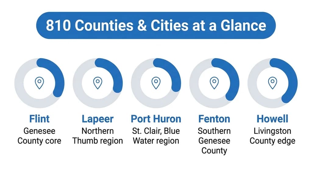 Table-style graphic listing Flint, Lapeer, Port Huron, and Fenton with their counties across east-central Michigan