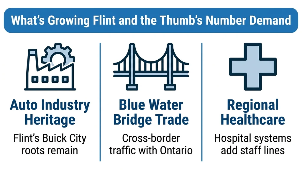 Editorial stat graphic titled What's Growing Flint and the Thumb's Number Demand, with rows for the auto industry, Blue Water Bridge trade, and regional healthcare