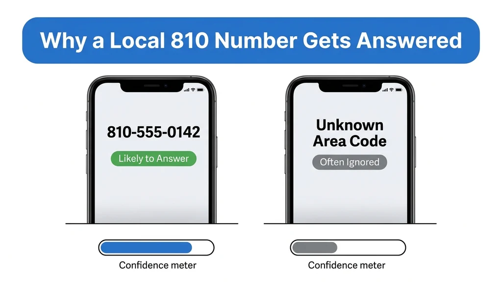 Comparison graphic showing a customer more likely to answer a call from a local 810 number than from an unfamiliar out-of-area code