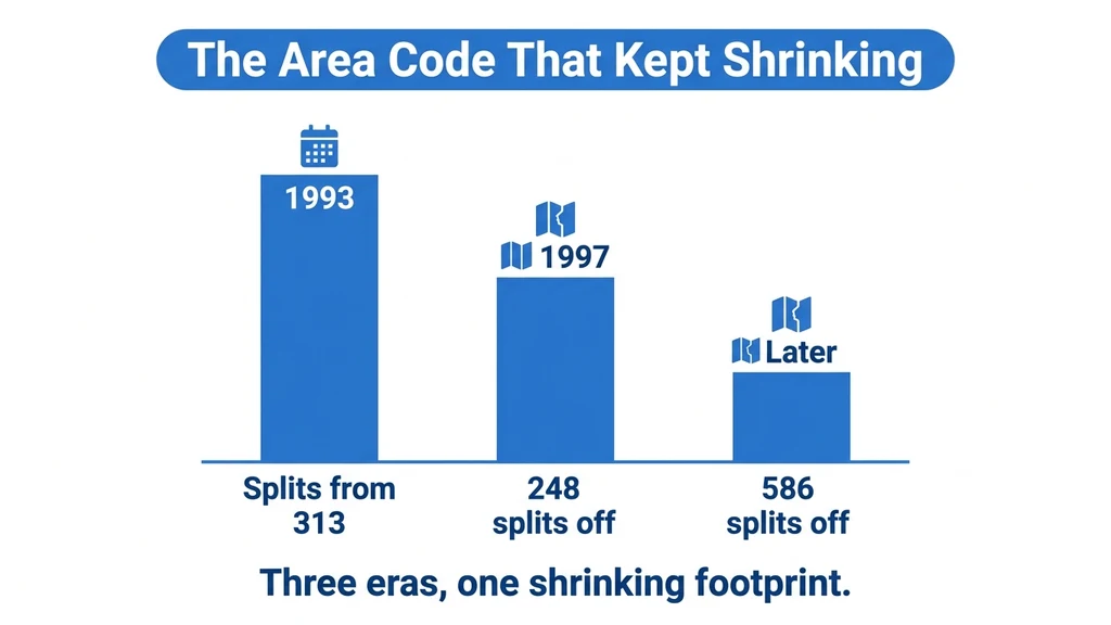 Timeline graphic showing three milestones: 1993 split from 313, 1997 split creating 248, and a later split creating 586