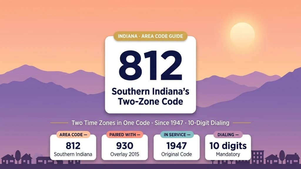 Sunset banner with mountain-style silhouette showing a white card labeled 812, Indiana's Southern Overlay Explained, and a stat row for coverage, overlay, time zones, and dialing