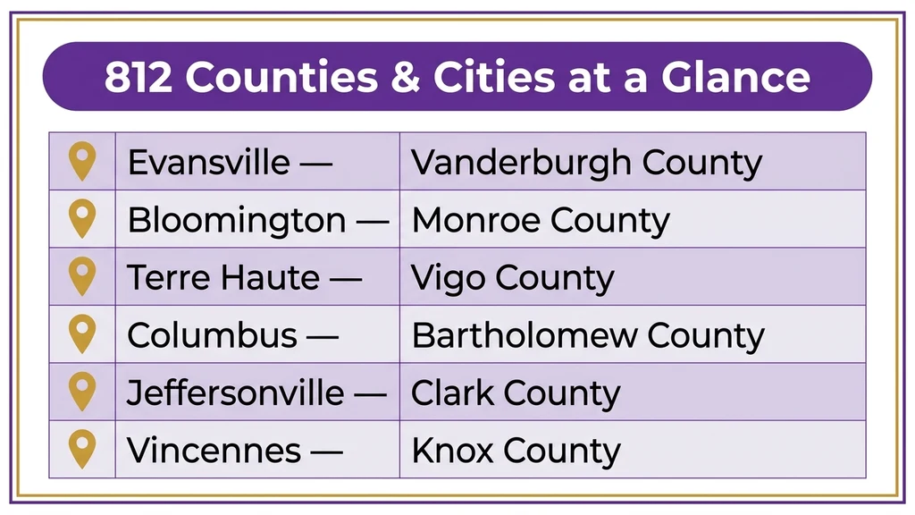 Table-style graphic listing Evansville, Bloomington, Terre Haute, and Columbus with their counties across southern Indiana