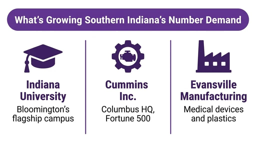 Editorial stat graphic titled What's Growing Southern Indiana's Number Demand, with rows for Indiana University, Cummins Inc., and regional manufacturing