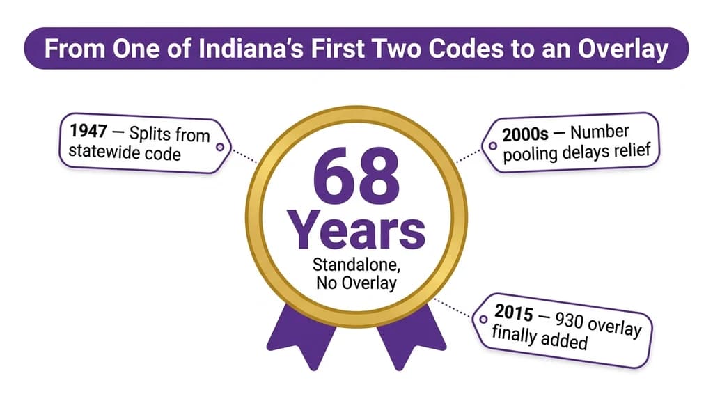 Timeline graphic showing three milestones: 1947 original statewide split into 317 and 812, 2000s number pooling extending its life, and 2015 930 overlay activated