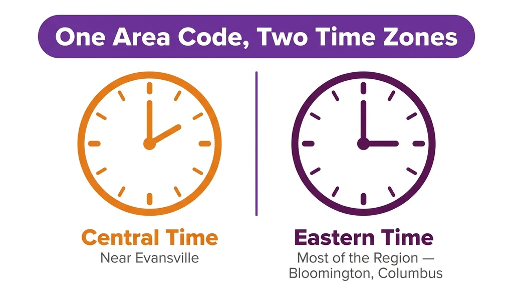Split map graphic showing southern Indiana divided into a small Central Time section near Evansville and a larger Eastern Time section covering the rest of the 812 region