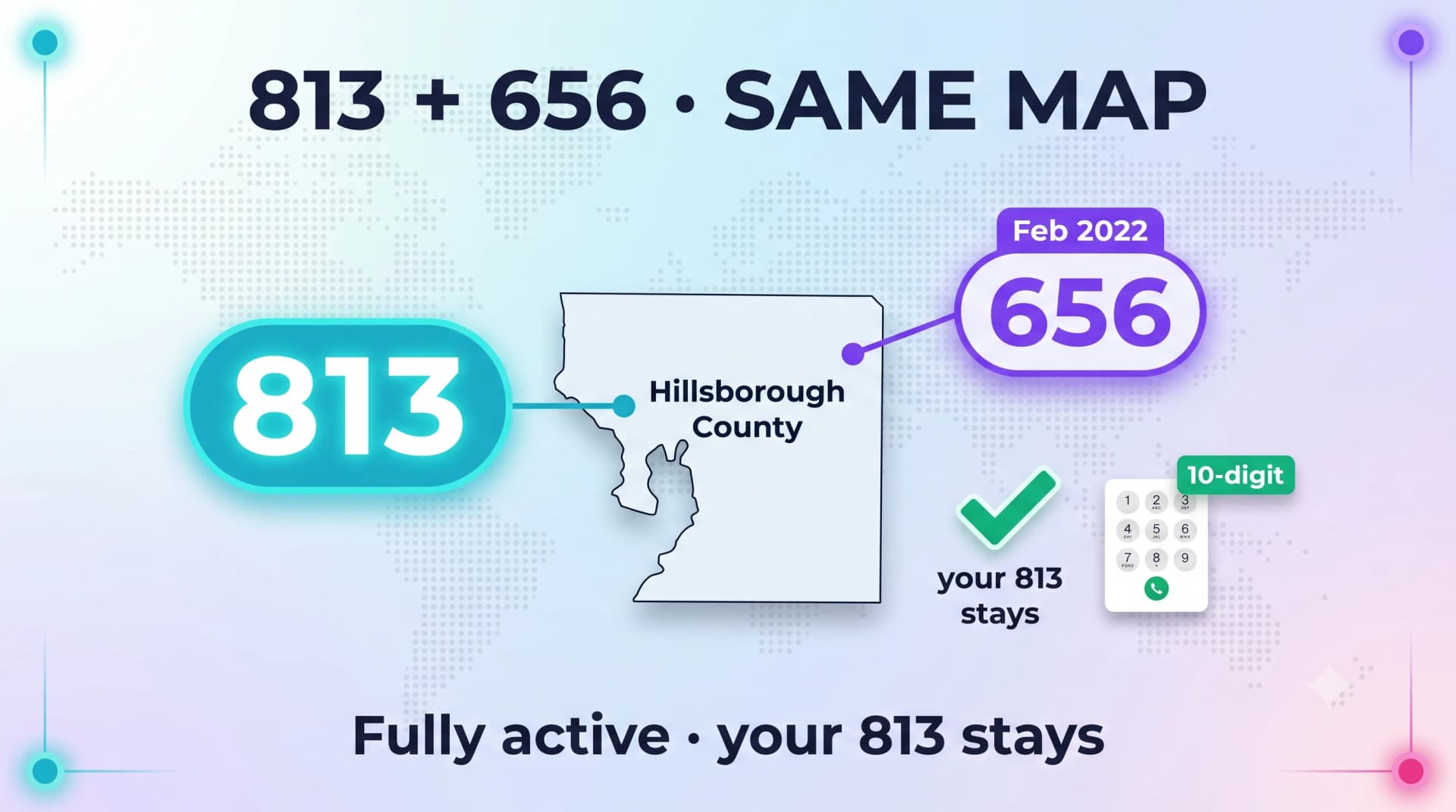 Infographic showing the 656 overlay added in February 2022 over the same Hillsborough County map as 813, with existing 813 numbers staying the same