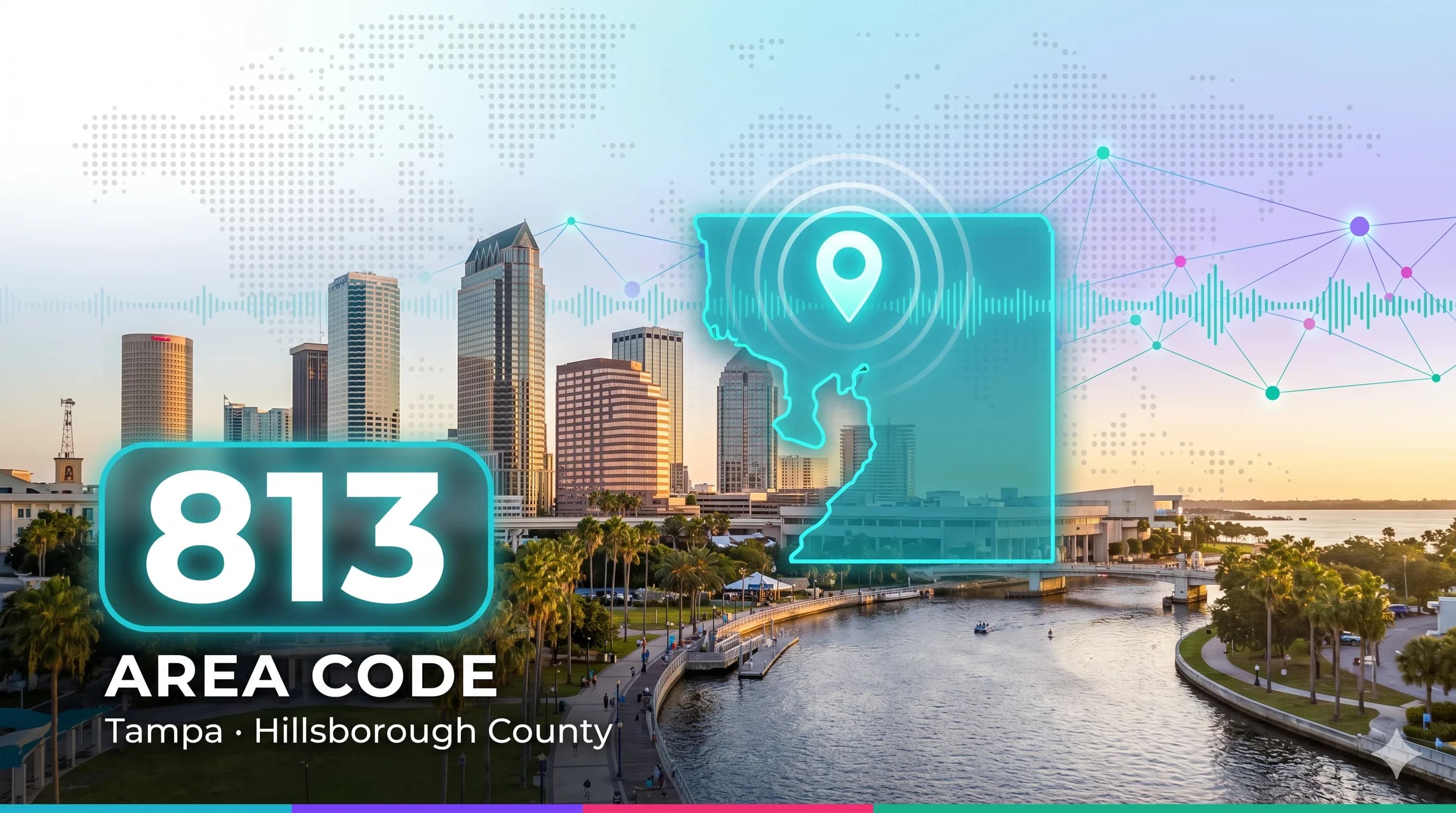 813 area code overview card for Tampa and Hillsborough County, Florida, with a Tampa skyline and county map