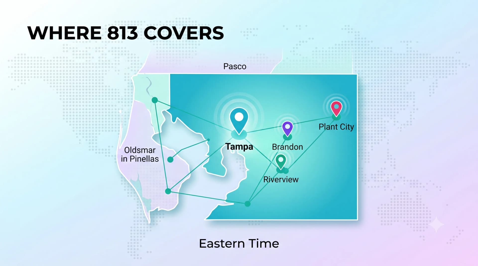 Map showing where the 813 area code covers, including Tampa, Brandon, Riverview, Plant City, and Oldsmar in Pinellas, in the Eastern Time Zone