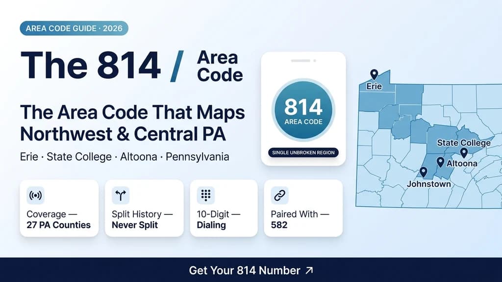 Blue banner showing a phone badge with the 814 area code, a highlighted Pennsylvania map with pins over Erie, State College, and Altoona, and a stat row for coverage, overlay, and dialing