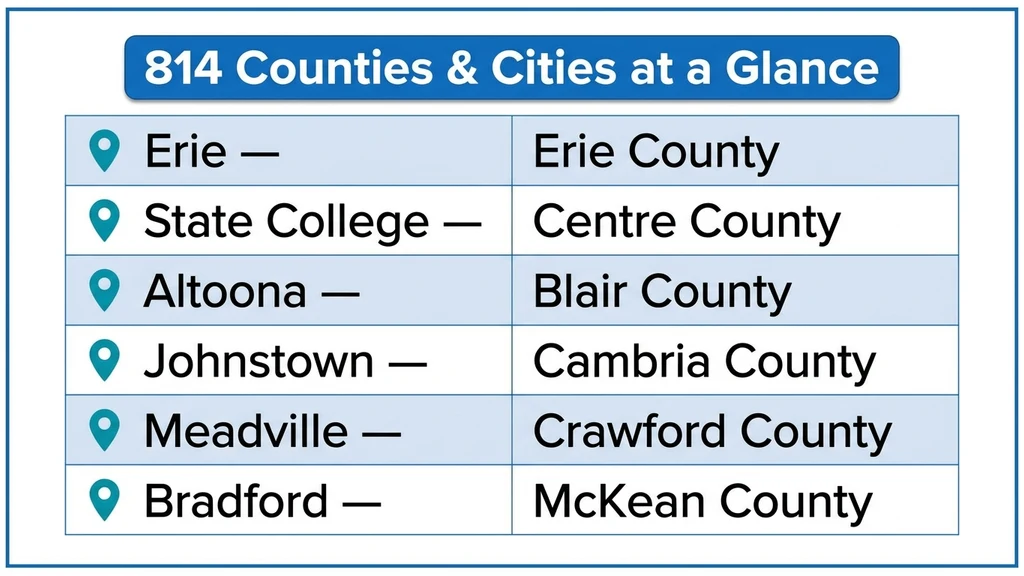 Table-style graphic listing Erie, State College, Altoona, and Johnstown with their counties across northwestern and central Pennsylvania