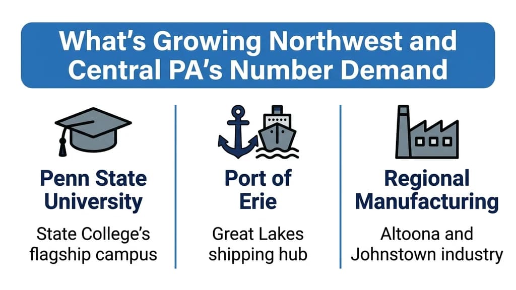Editorial stat graphic titled What's Growing Northwest and Central Pennsylvania's Number Demand, with rows for Penn State University, the Port of Erie, and regional manufacturing