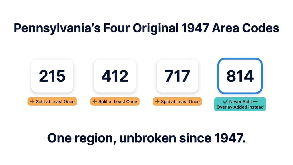 Badge-style graphic comparing Pennsylvania's four original 1947 area codes, with 814 marked as the only one that has never been split