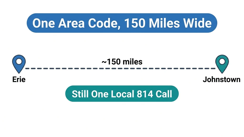 Distance graphic showing Erie and Johnstown roughly 150 miles apart, both still counted as one local 814 call
