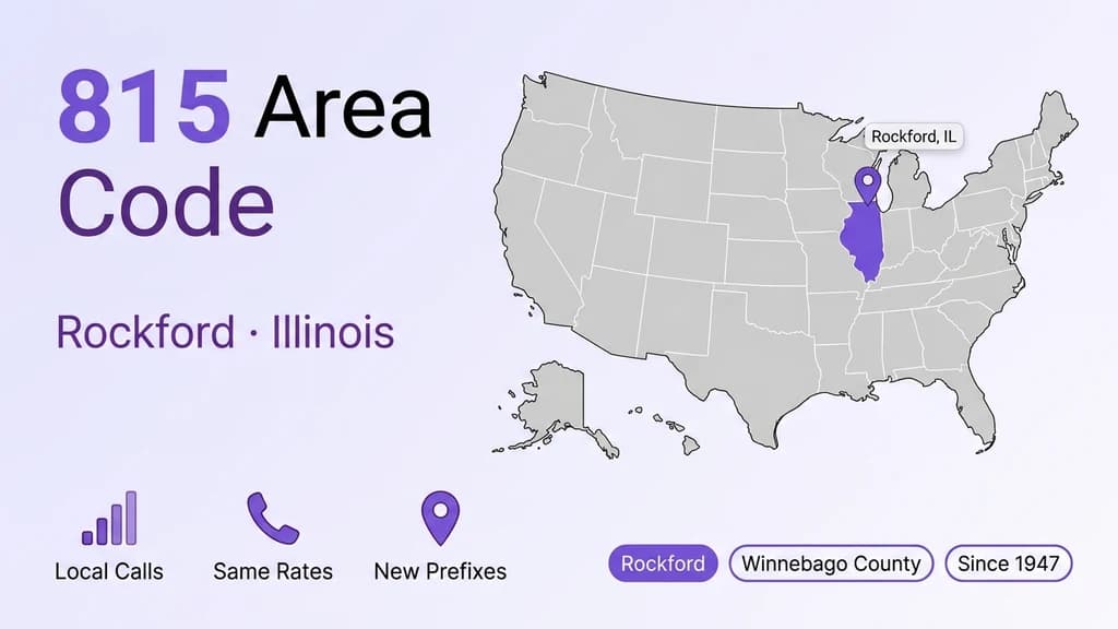 Illustrated line-art scene of northern Illinois industry with a bold 815 area code heading and info cards listing county, overlay, time zone, and founding year
