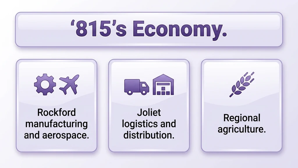 Editorial stat graphic titled 815's Economy, with rows for Rockford manufacturing and aerospace, Joliet logistics, and regional agriculture