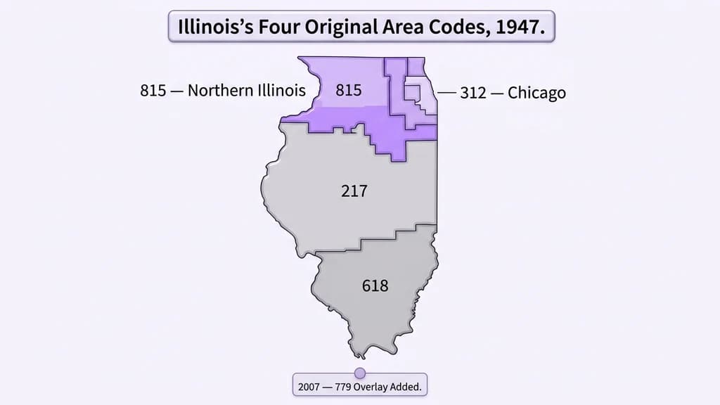Timeline graphic showing Illinois's four original 1947 area codes — 312, 217, 618, and 815 — then the 779 overlay added in 2007
