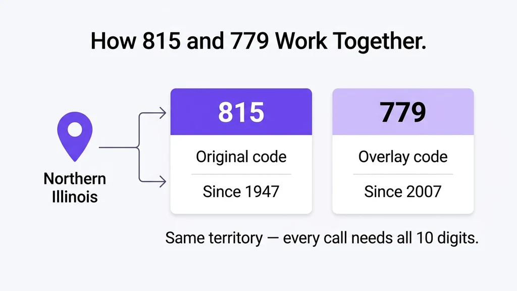Overlay diagram showing 815 and 779 layered over the identical northern Illinois territory, both active since 2007