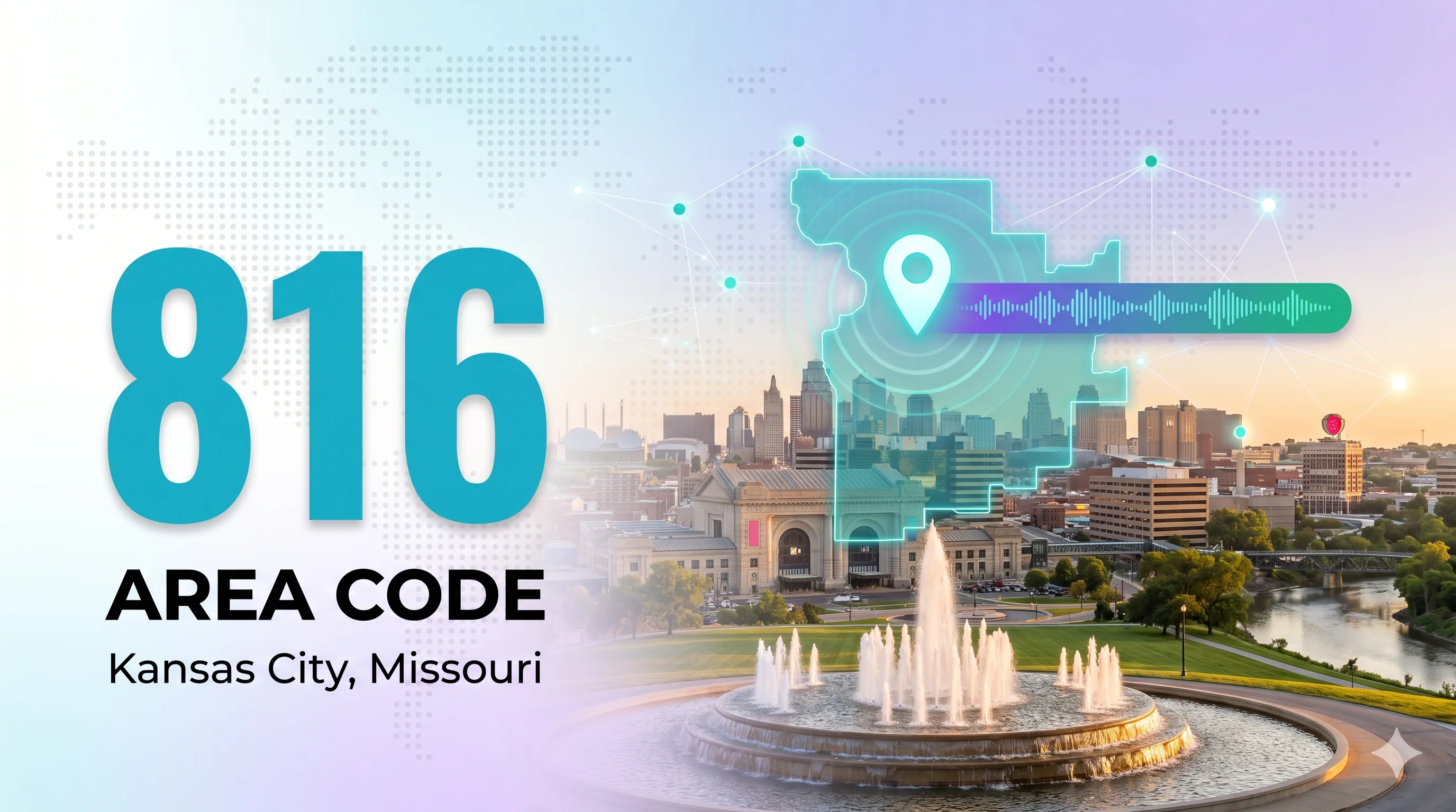 816 area code infographic for Kansas City, Missouri, with the city skyline and regional coverage map