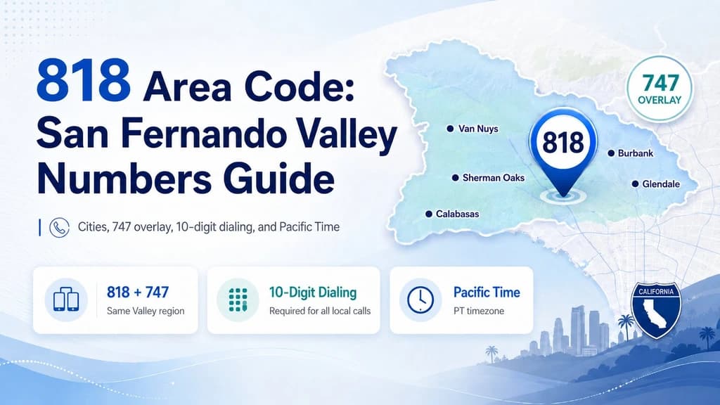 818 Area Code: San Fernando Valley Numbers Guide — map of the Valley with cities, the 747 overlay, ten-digit dialing, and Pacific Time