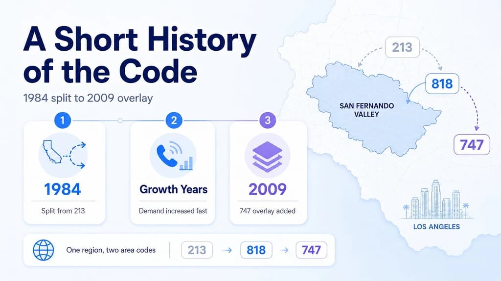 A short history of the code — 213 split to 818 in 1984, growth years, and the 747 overlay added in 2009