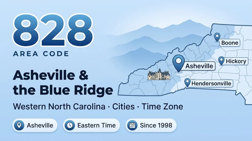 Illustrated map of western North Carolina with the Blue Ridge Mountains and a Sunsphere-style landmark, a bold 828 area code heading, and pins over Asheville and Boone