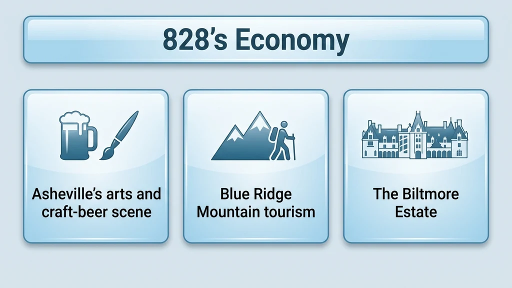 Editorial stat graphic titled 828's Economy, with rows for Asheville's arts and craft-beer scene, Blue Ridge Mountain tourism, and the Biltmore Estate