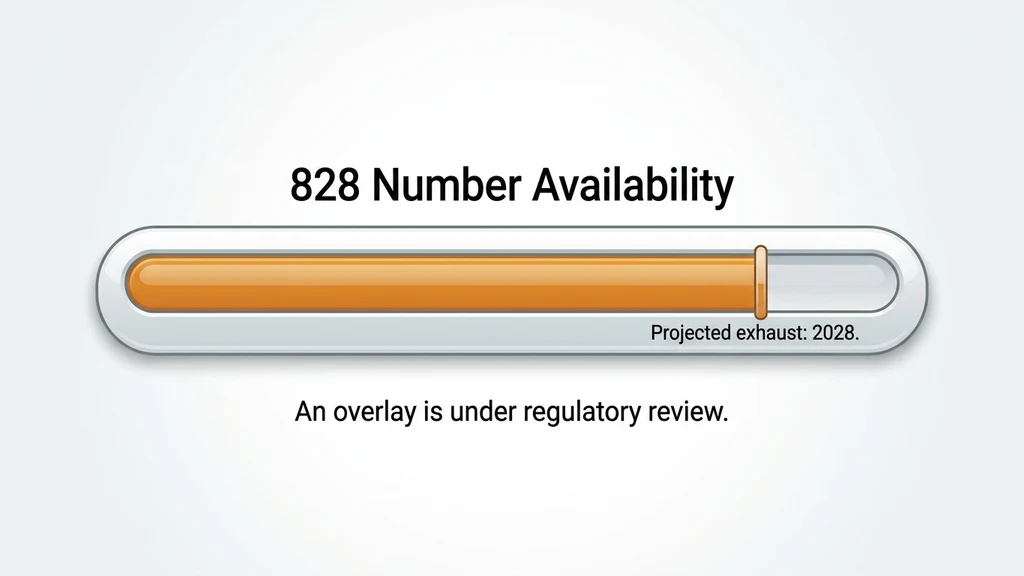 Forward-looking graphic titled 828 Number Availability, showing a nearly full progress bar and a projected 2028 exhaustion date