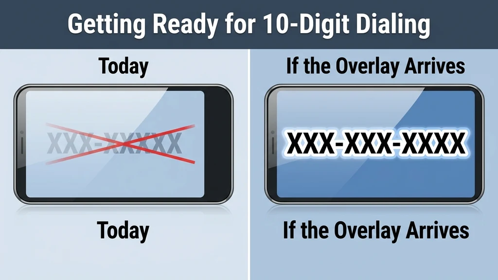 Comparison graphic showing a 10-digit dialing requirement taking effect once a new overlay code is added on top of 828