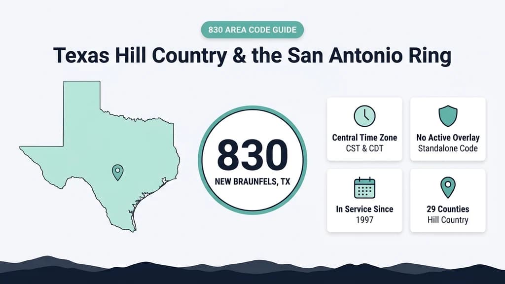 Map of Texas with the Hill Country and San Antonio ring highlighted, a bold 830 area code badge, and info cards listing time zone, overlay status, and service start date