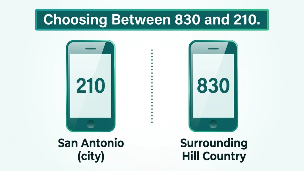 Comparison graphic showing a 210 phone labeled San Antonio city and an 830 phone labeled surrounding Hill Country ring, side by side