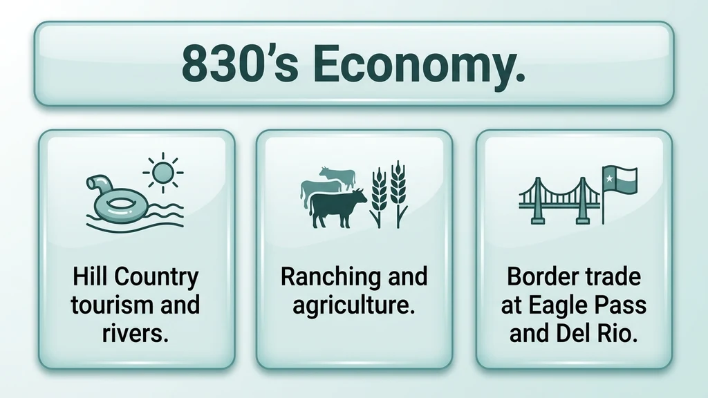 Editorial stat graphic titled 830's Economy, with rows for Hill Country tourism, ranching and agriculture, and border trade at Eagle Pass and Del Rio