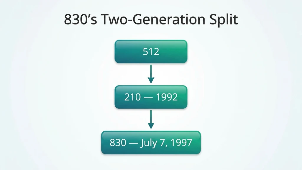 Family-tree diagram showing area code 512 splitting into 210 in 1992, then 210 splitting into 830 in 1997