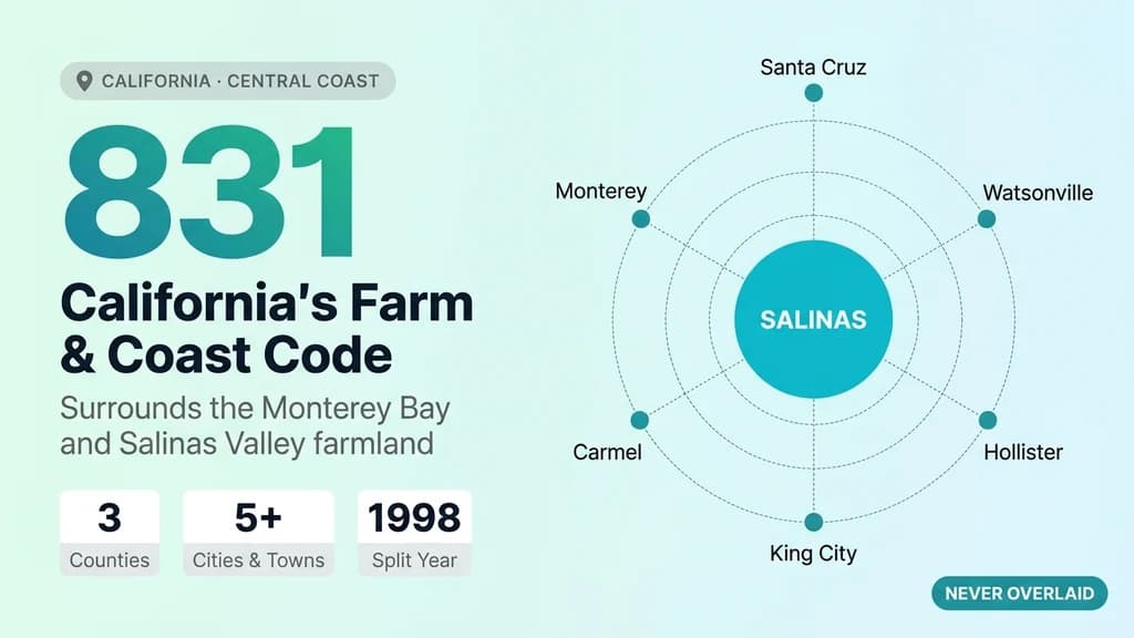 Map of California's Central Coast with Monterey, San Benito, and Santa Cruz counties highlighted, a bold 831 area code heading, and a faint coastline sketch