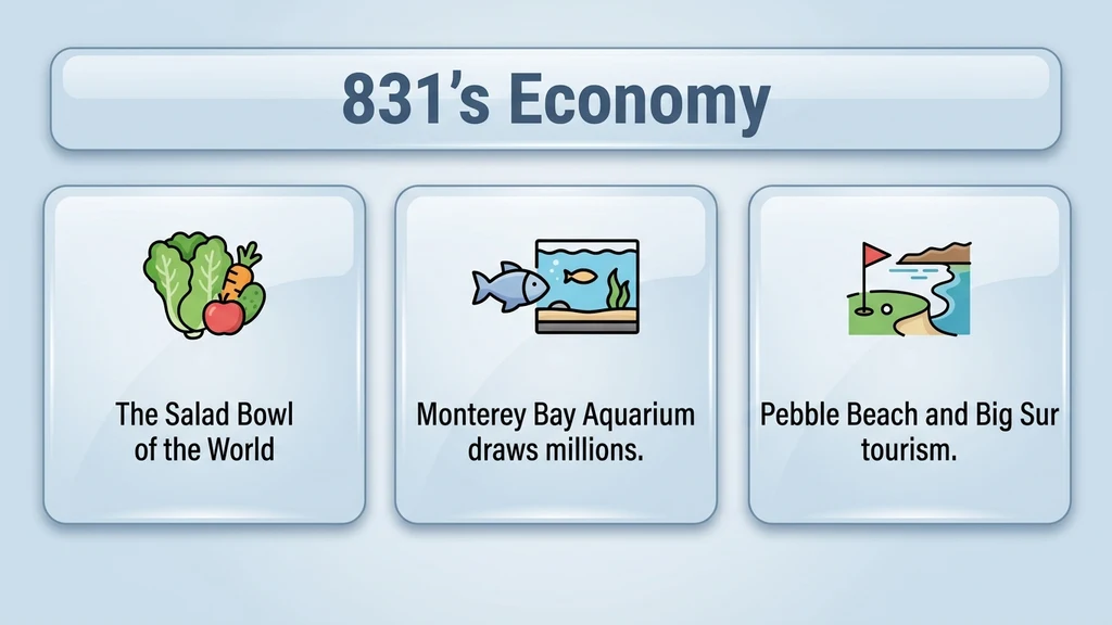 Editorial stat graphic titled 831's Economy, with rows for Salinas Valley agriculture, the Monterey Bay Aquarium, and Pebble Beach tourism