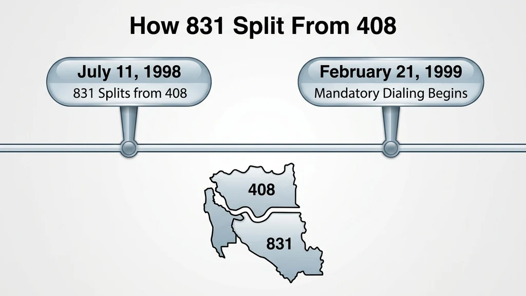 Timeline graphic showing California's 408 area code splitting off 831 in July 1998