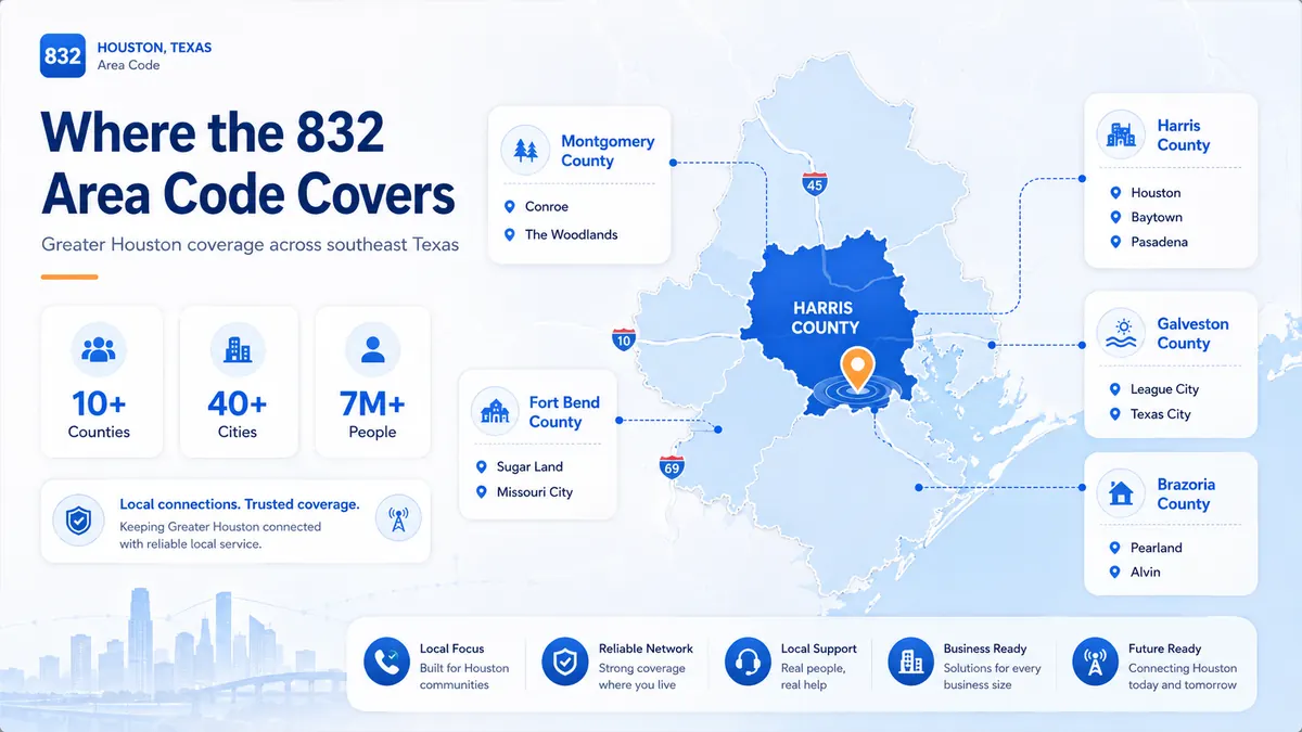 Where the 832 area code covers — Greater Houston coverage across southeast Texas, including Harris, Fort Bend, Montgomery, Galveston and Brazoria counties. 10+ counties, 40+ cities, 7M+ people.