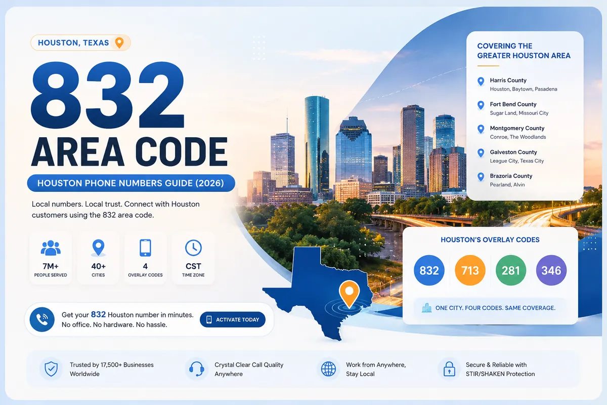 832 Area Code — Houston, Texas phone numbers guide 2026. Covering Harris, Fort Bend, Montgomery, Galveston and Brazoria counties. Overlay system with 832, 713, 281 and 346.