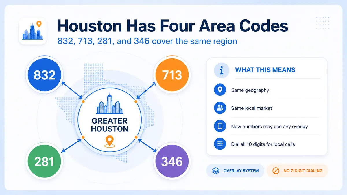 Houston has four area codes — 832, 713, 281 and 346 all cover the same Greater Houston region. Same geography, same local market. New numbers may use any overlay. Dial all 10 digits for local calls.