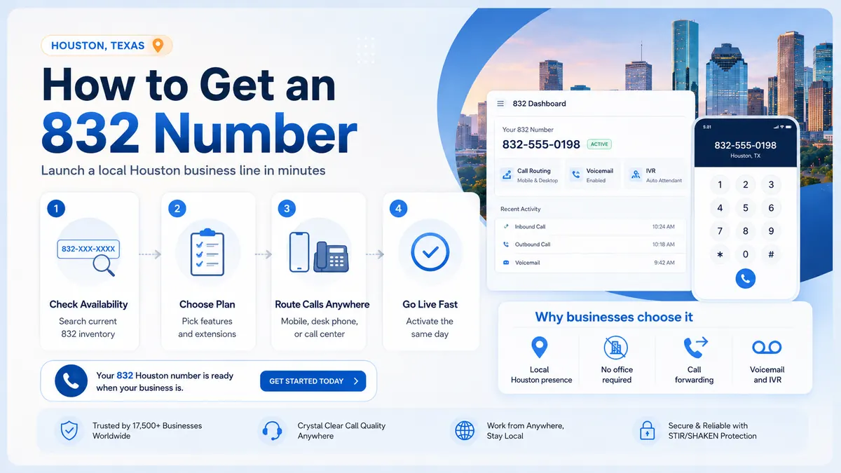 How to Get an 832 Number — 4-step setup: Check Availability, Choose Plan, Route Calls Anywhere, Go Live Fast. Local Houston presence, no office required, call forwarding, voicemail and IVR