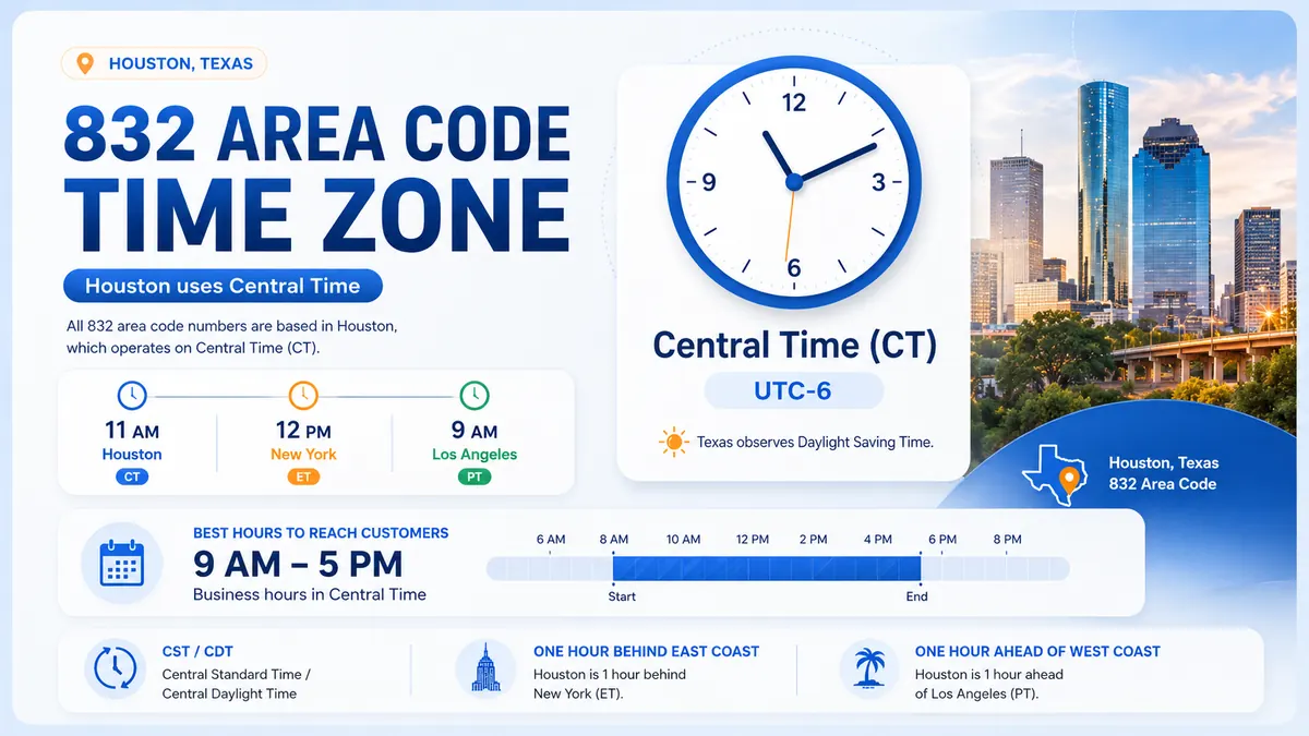832 area code time zone — Houston uses Central Time (CT, UTC−6). 11 AM Houston = 12 PM New York = 9 AM Los Angeles. Best hours to reach customers: 9 AM–5 PM business hours in Central Time.