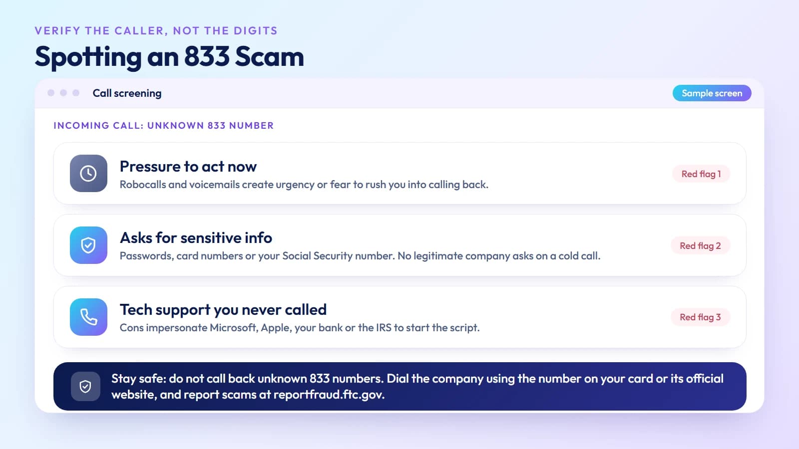 833 area code scam red flags: pressure to act, requests for sensitive info and fake tech support — toll-free number USA