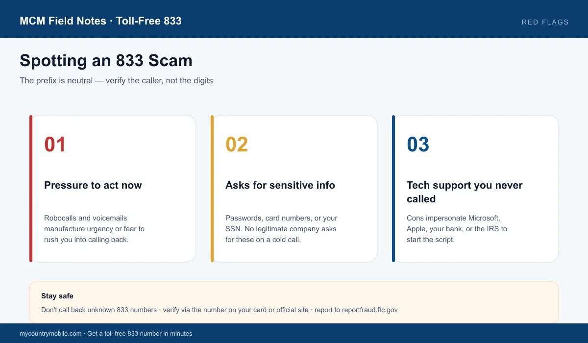 Spotting an 833 scam — pressure to act now, requests for sensitive info, and unsolicited tech support