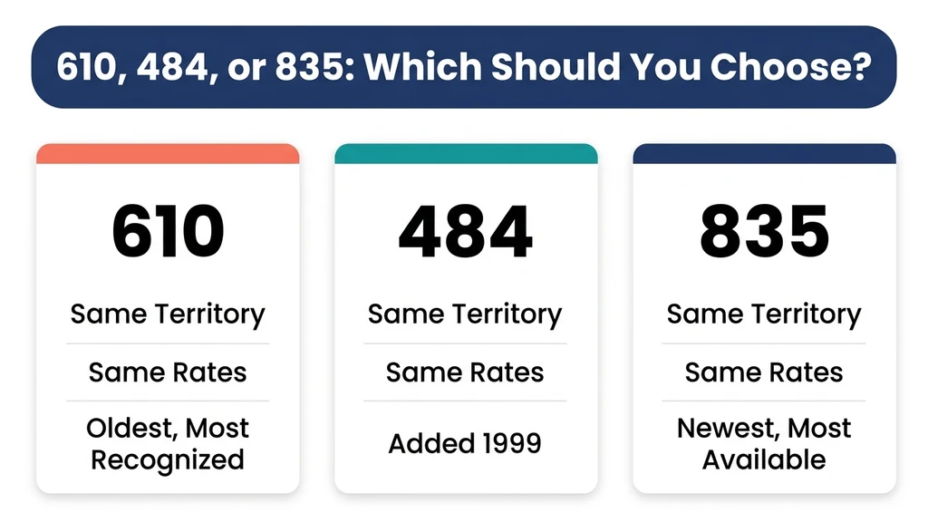 Three-way comparison graphic showing 610, 484, and 835 side by side with identical territory, rates, and calling area, differing only in issue year and availability