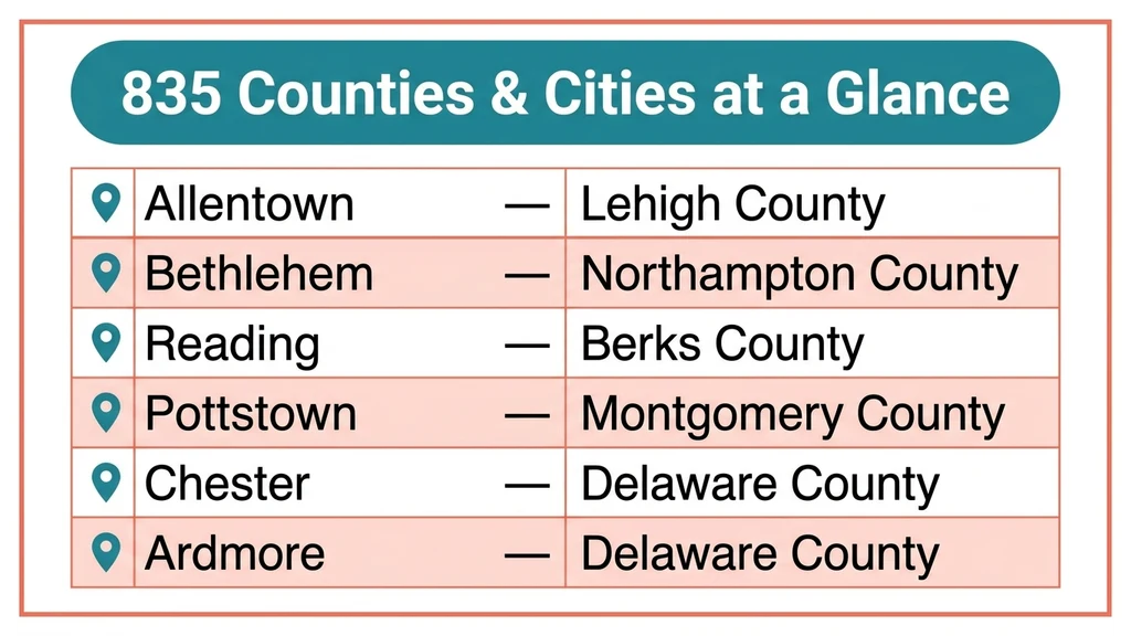 Table-style graphic listing Allentown, Bethlehem, Reading, and Pottstown with their counties across southeastern Pennsylvania