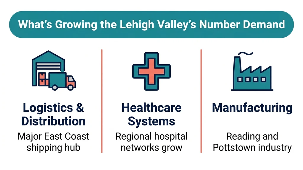 Editorial stat graphic titled What's Growing the Lehigh Valley's Number Demand, with rows for logistics and distribution, healthcare, and manufacturing