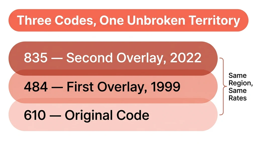 Stacked-layer graphic showing 610 as the original 1990s code, 484 added as a 1999 overlay, and 835 added as a second overlay in 2022 — all covering identical territory