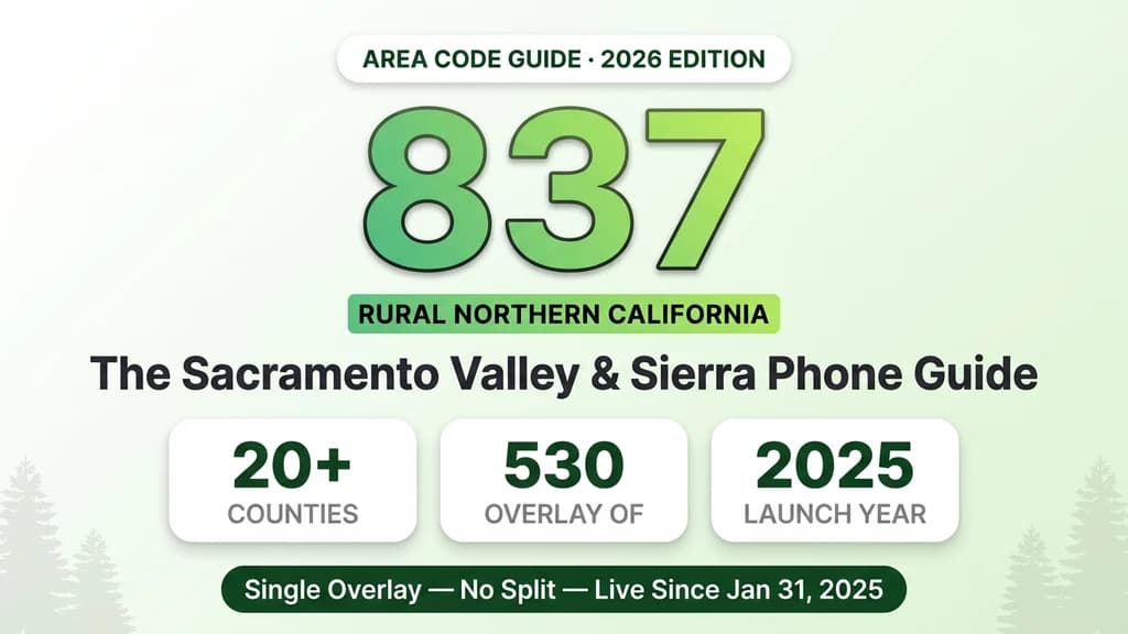 Green banner showing the 837 area code number, stat pills for counties, population, and square miles, and a badge noting it's a single overlay with no split, launched January 2025
