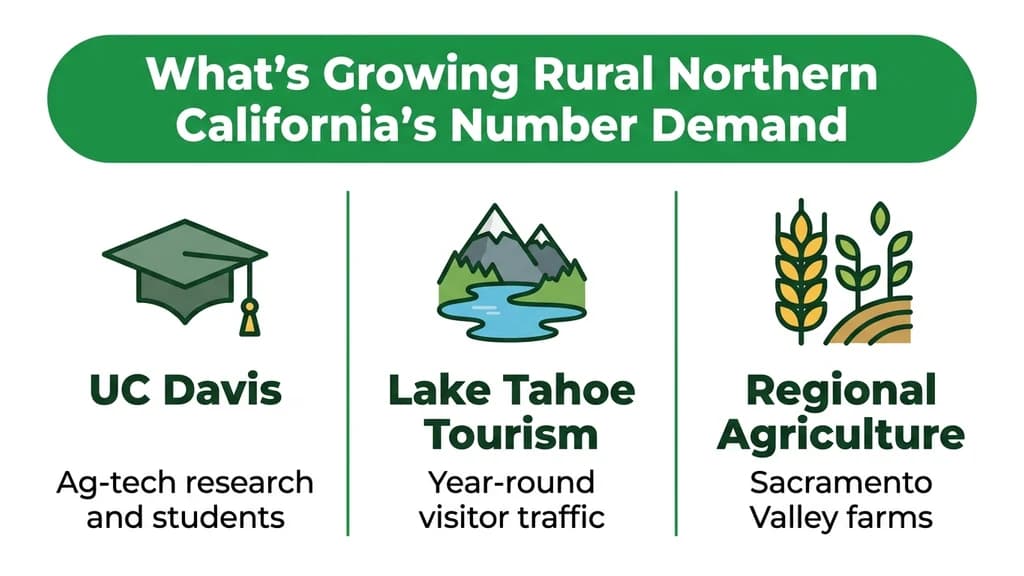 Editorial stat graphic titled What's Growing Rural Northern California's Number Demand, with rows for UC Davis, Lake Tahoe tourism, and regional agriculture