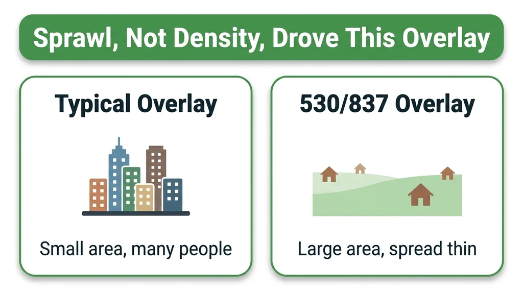 Map-style graphic contrasting a small densely populated area with a large sparsely populated area, illustrating that geographic sprawl rather than population density drove the 837 overlay